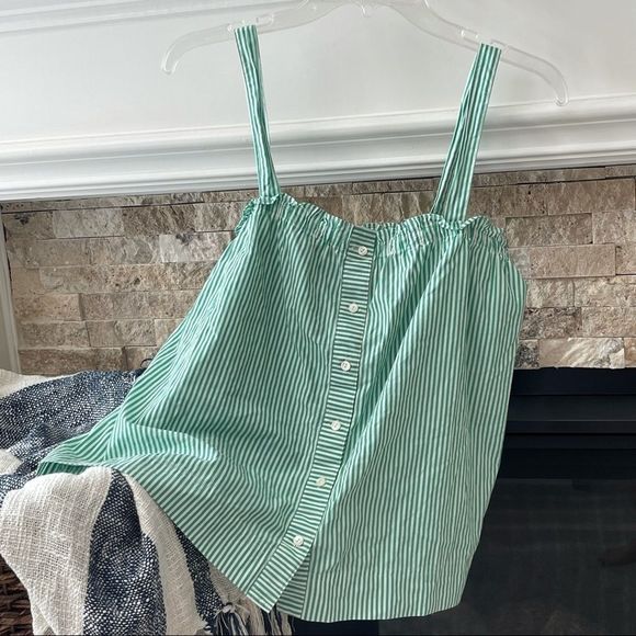 J Crew Button Front Ruffle Top Striped Green White - Picture 3 of 4